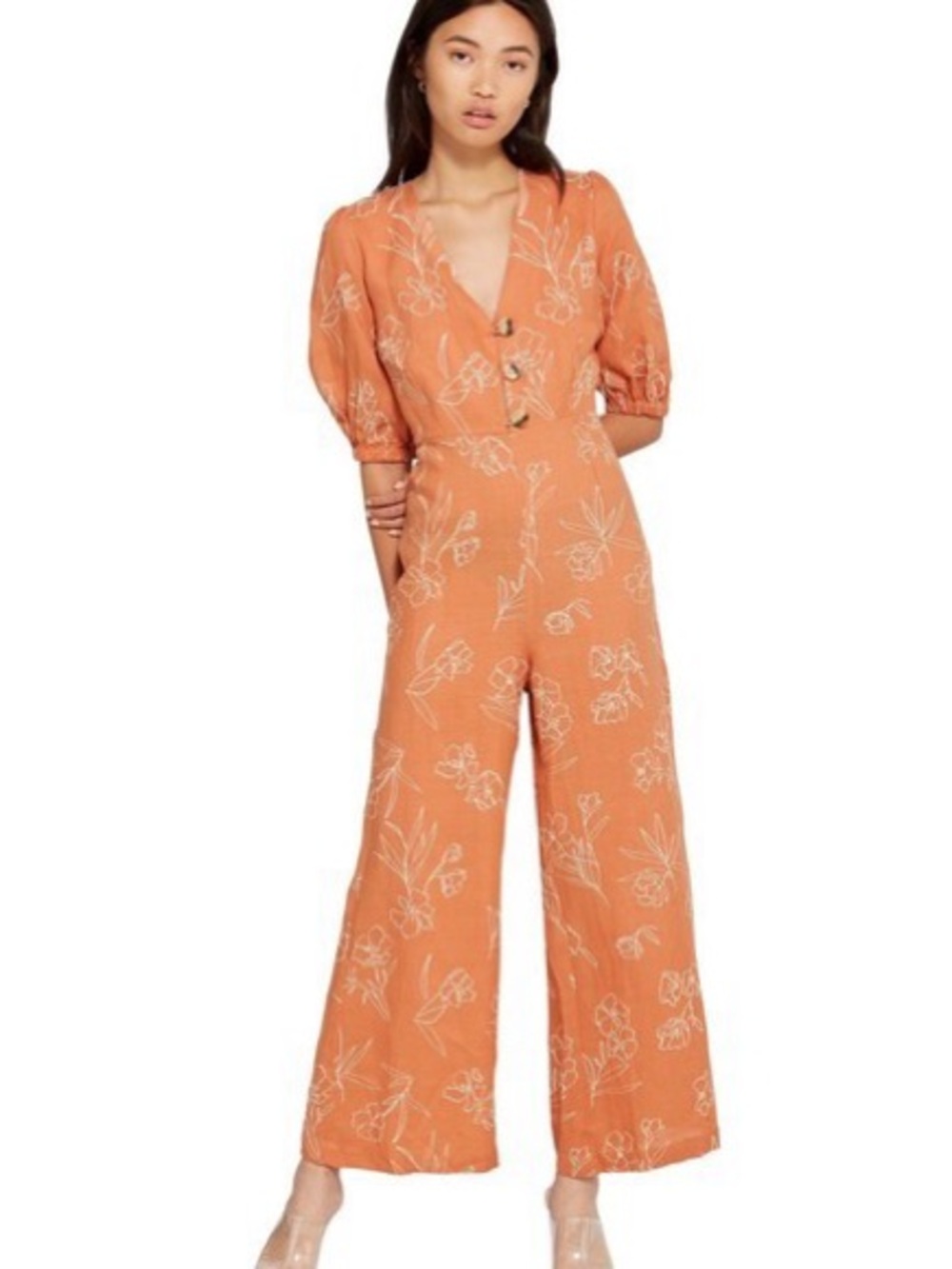 Capulet Rust Floral V-Neck Button-Front Wide-Leg Jumpsuit
